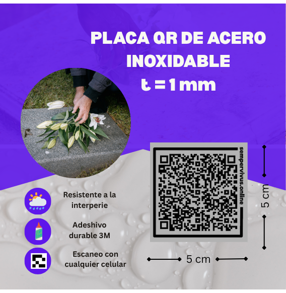 Placa QR conmemorativa de metal para lápida que enlaza a un memorial digital